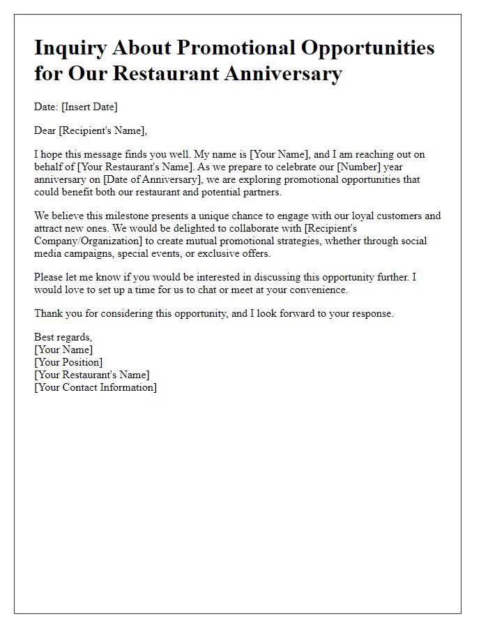 Letter template of Promotional Opportunity Inquiry for Restaurant Anniversaries