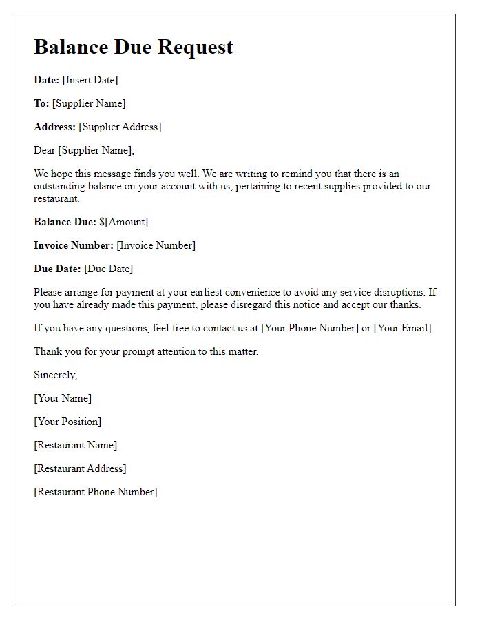 Letter template of balance due request for restaurant suppliers