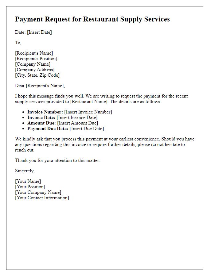 Letter template of payment request for restaurant supply services