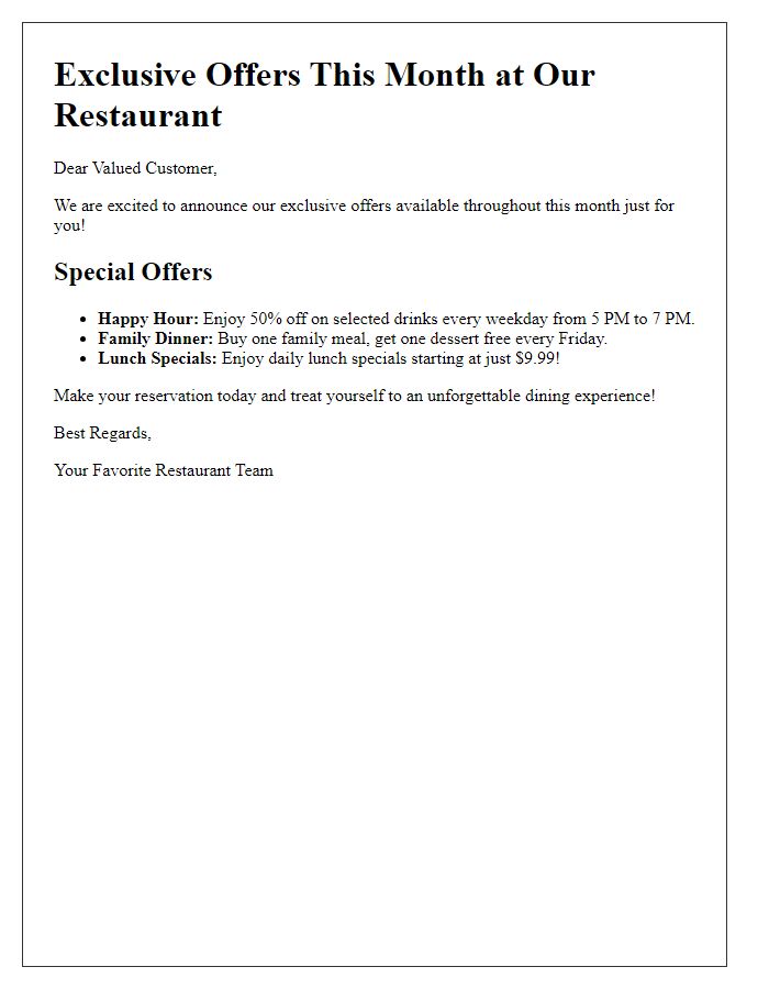 Letter template of exclusive offers in our restaurant this month.