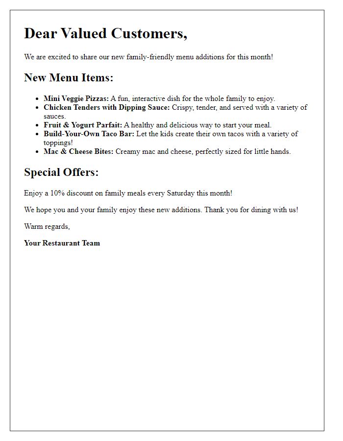 Letter template of family-friendly menu additions this month.