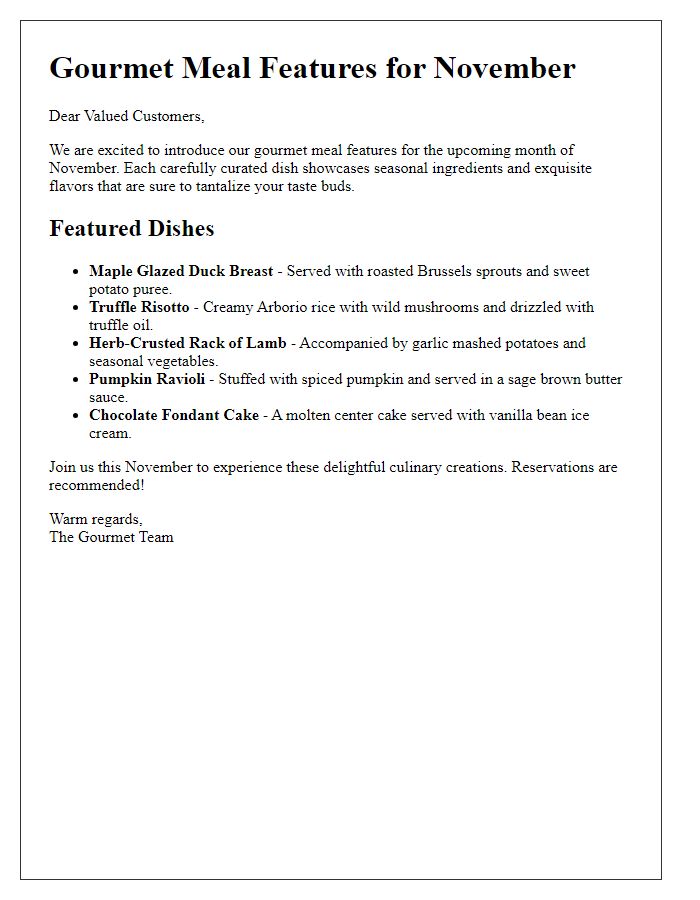 Letter template of gourmet meal features for the upcoming month.