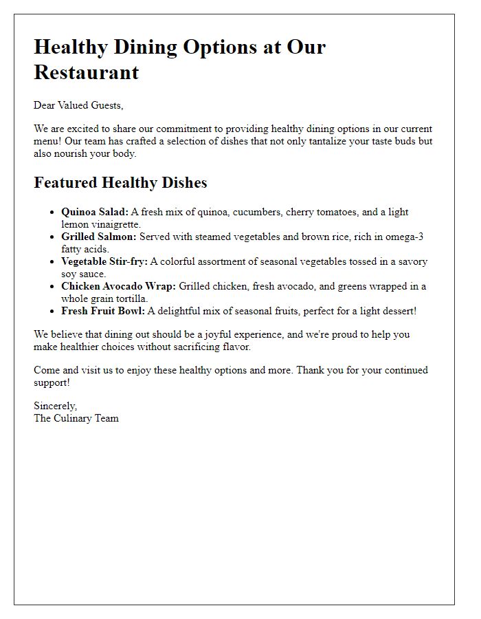 Letter template of healthy dining options in our current menu.