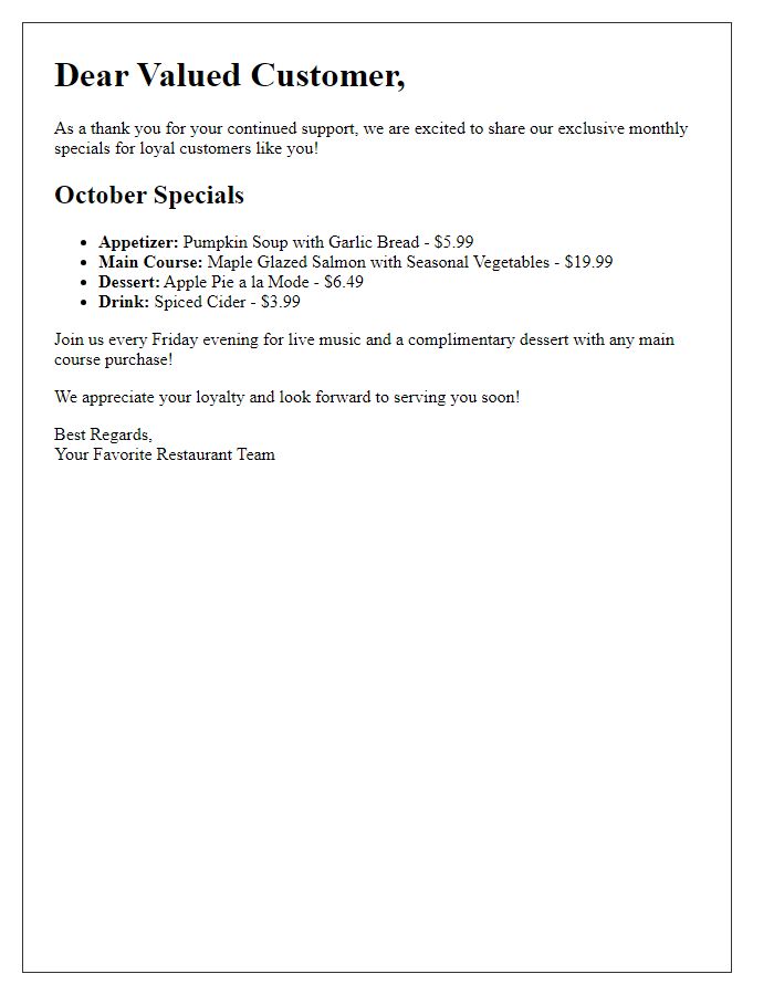 Letter template of monthly restaurant specials for loyal customers.