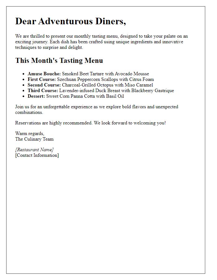 Letter template of monthly tasting menu for adventurous diners.