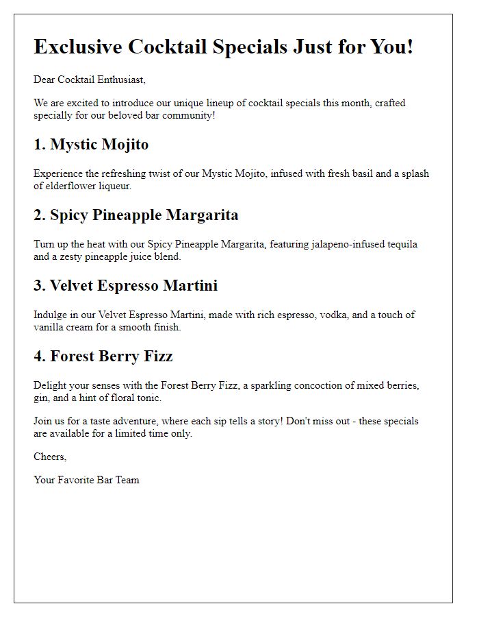 Letter template of unique cocktail specials for bar enthusiasts.