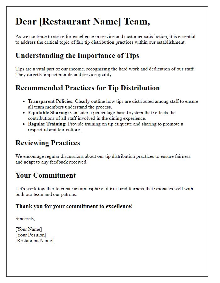 Letter template of restaurant guide to fair tip distribution practices