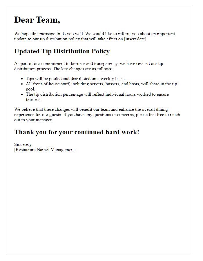 Letter template of restaurant server tip distribution policy update