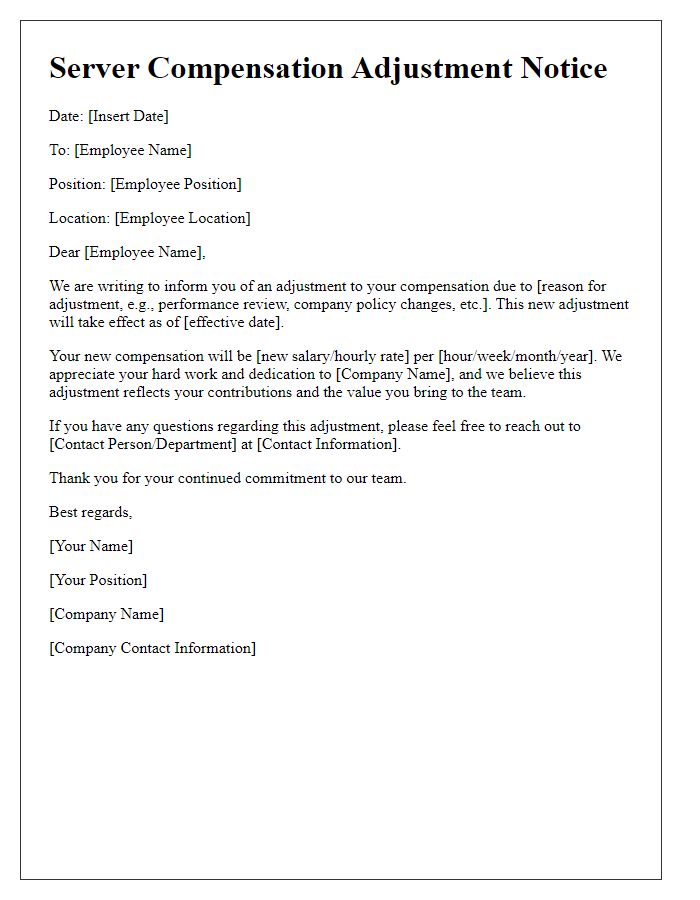 Letter template of server compensation adjustment notice