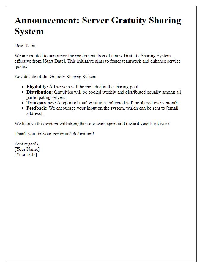 Letter template of server gratuity sharing system announcement