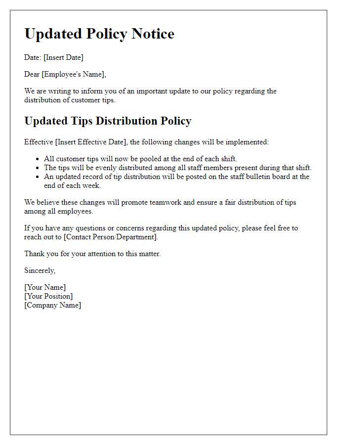 Letter template of updated policy for distributing customer tips