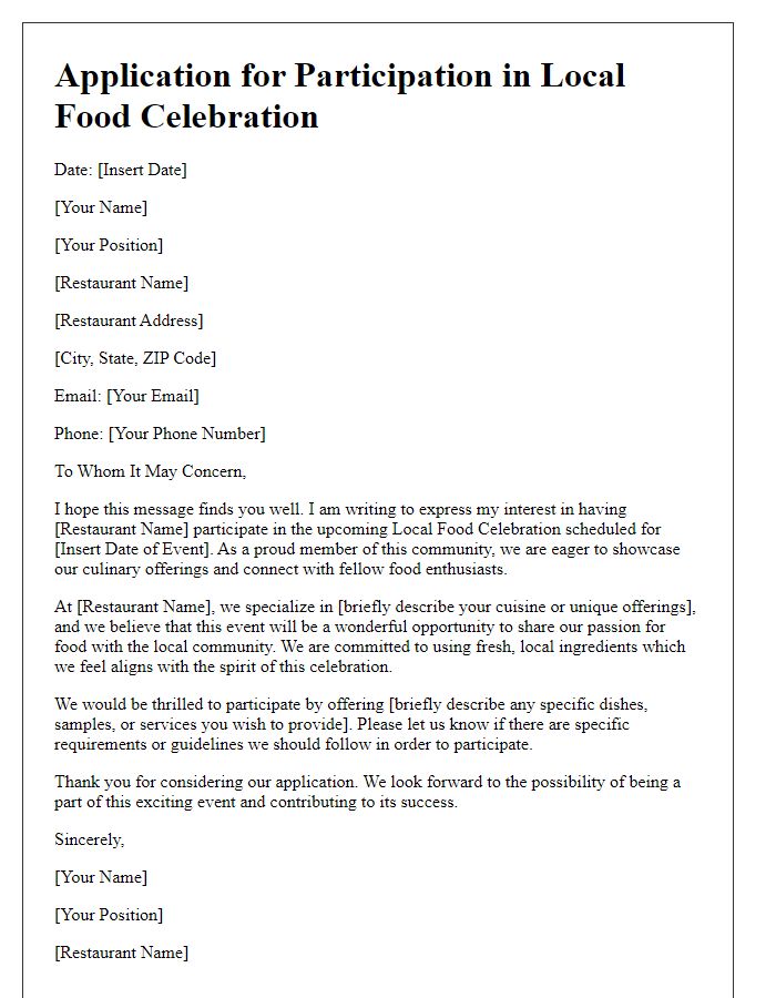 Letter template of application for restaurants to join a local food celebration