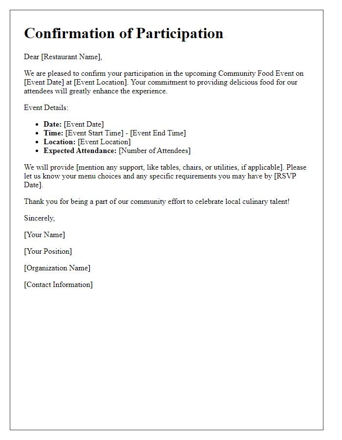 Letter template of confirmation of restaurant participation in a community food event