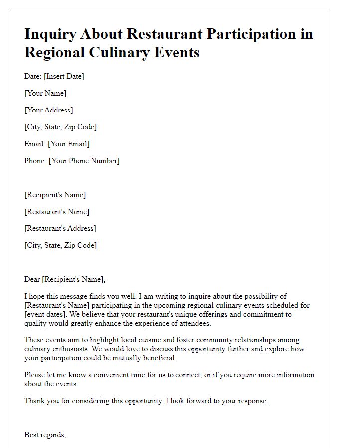 Letter template of inquiry about restaurant participation in regional culinary events