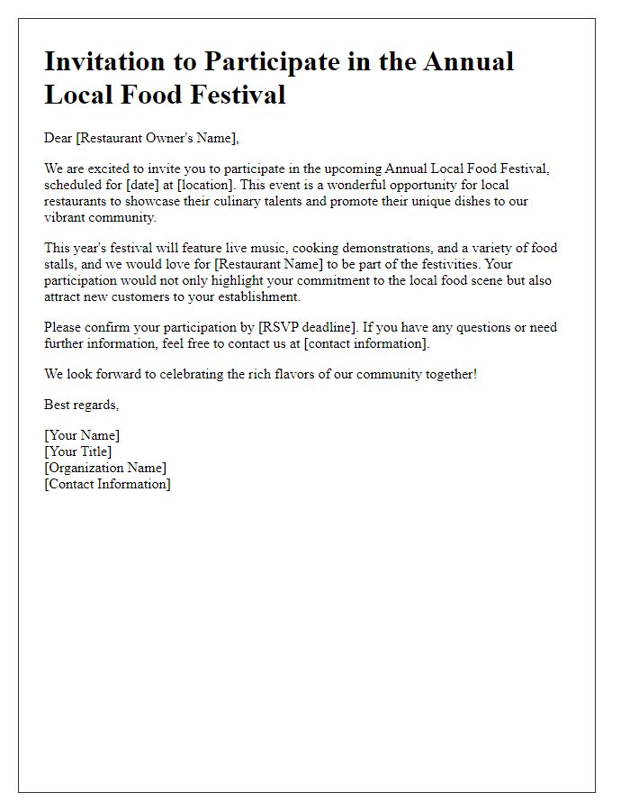 Letter template of invitation to participate in a local food festival for restaurants