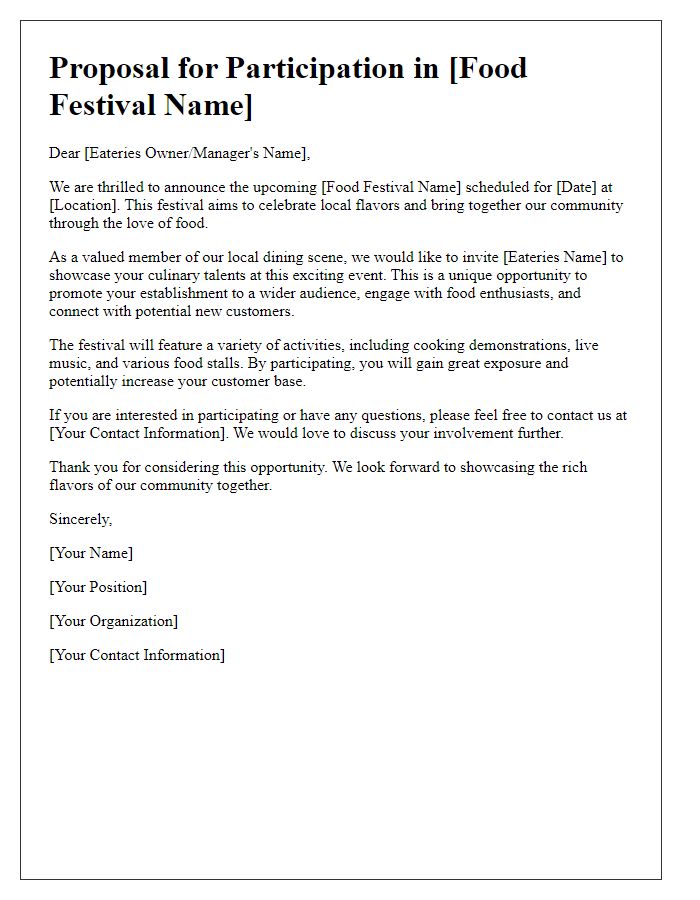 Letter template of proposal for local eateries to showcase at a food festival