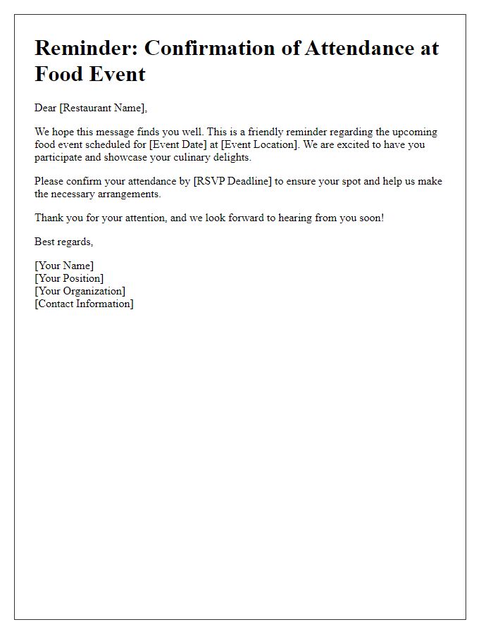 Letter template of reminder for restaurants to confirm attendance at a food event