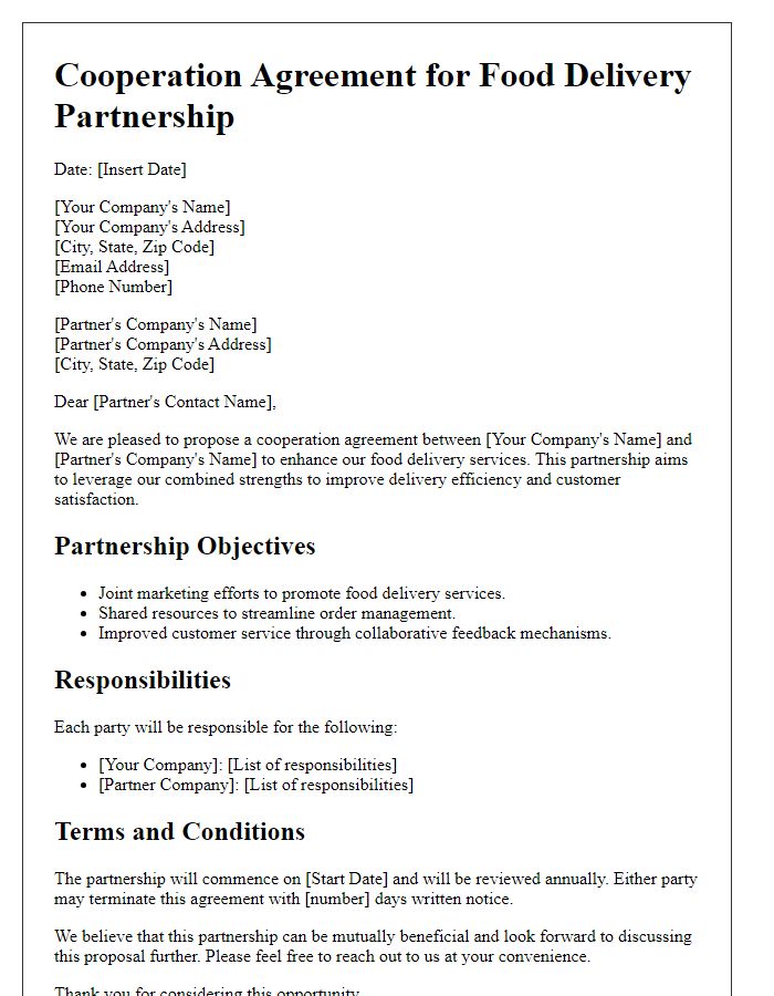 Letter template of cooperation agreement for food delivery partnership