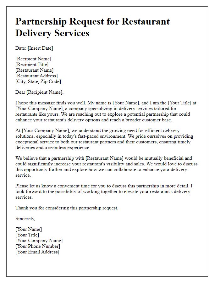 Letter template of partnership request for restaurant delivery services