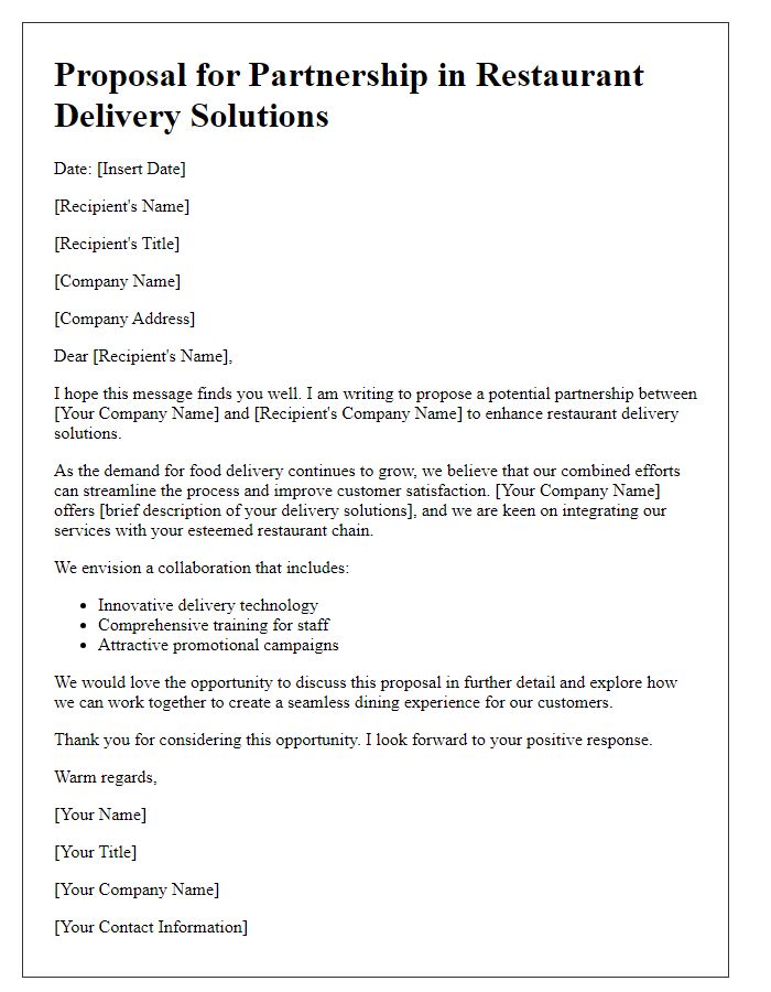 Letter template of proposal to partner for restaurant delivery solutions