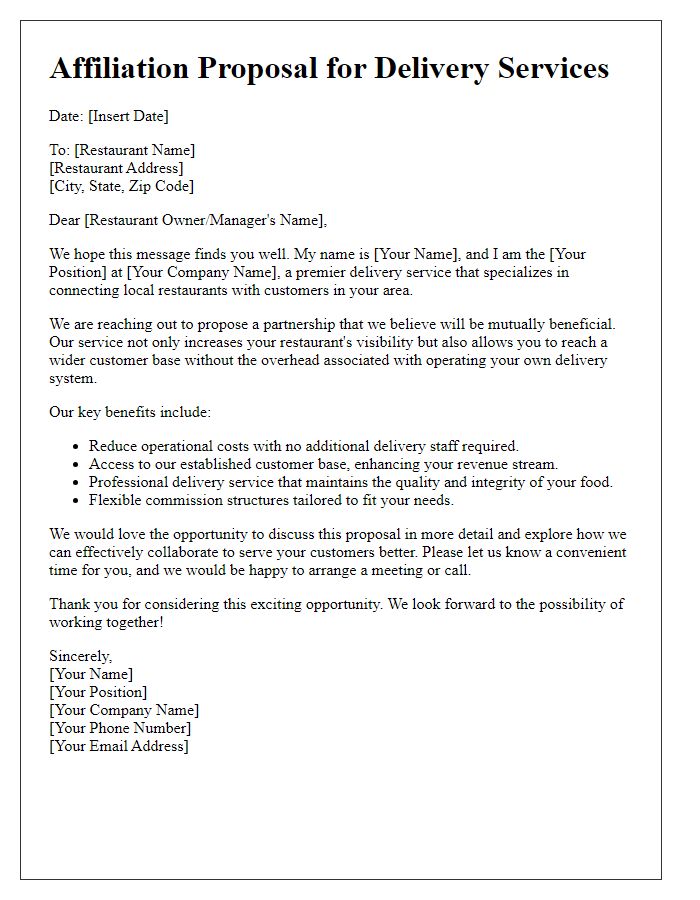 Letter template of restaurant delivery service affiliation proposal