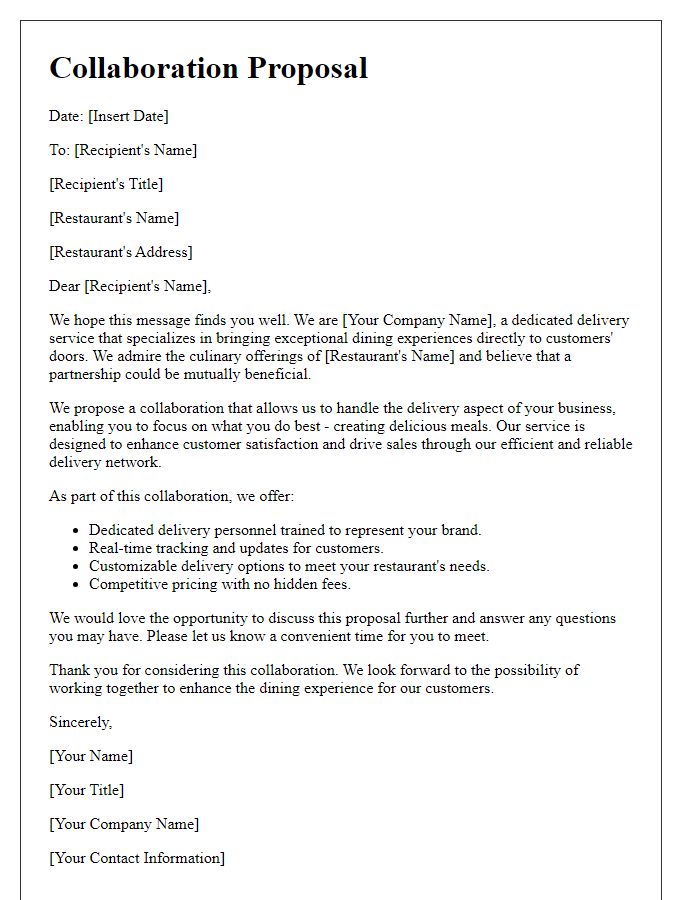 Letter template of restaurant delivery service collaboration proposal