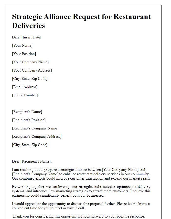 Letter template of strategic alliance request for restaurant deliveries