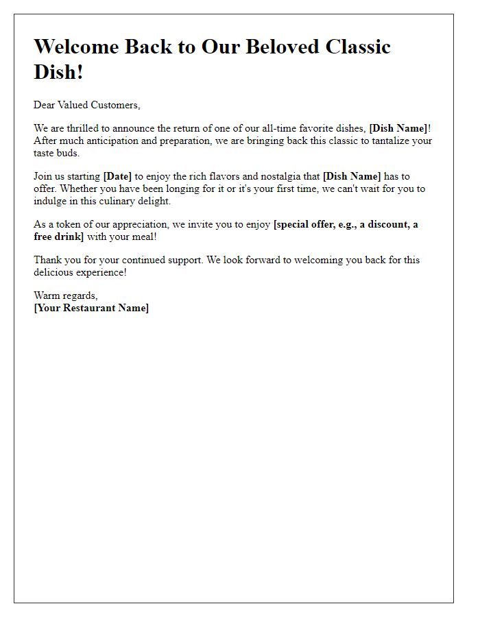 Letter template of welcome back to our beloved classic dish.