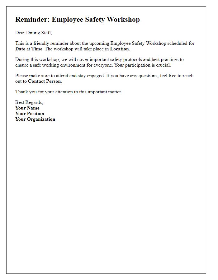 Letter template of Employee Safety Workshop Reminder for Dining Staff