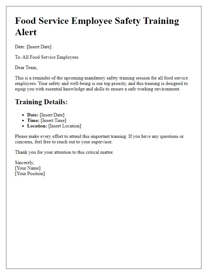 Letter template of Food Service Employee Safety Training Alert