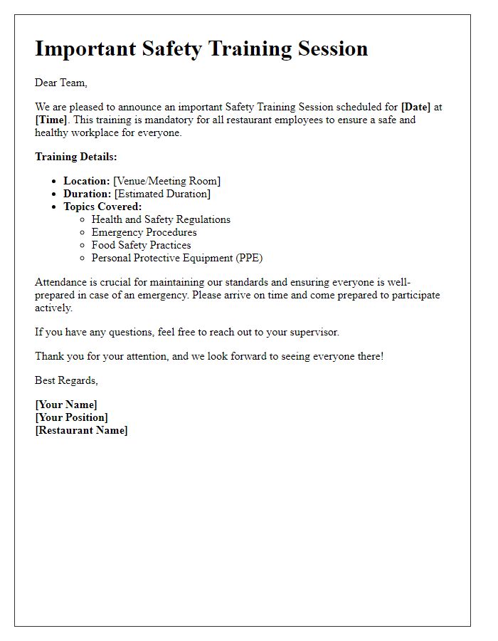 Letter template of Important Safety Training Session for Restaurant Employees