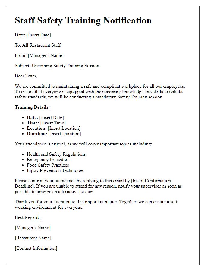 Letter template of Restaurant Staff Safety Training Notification