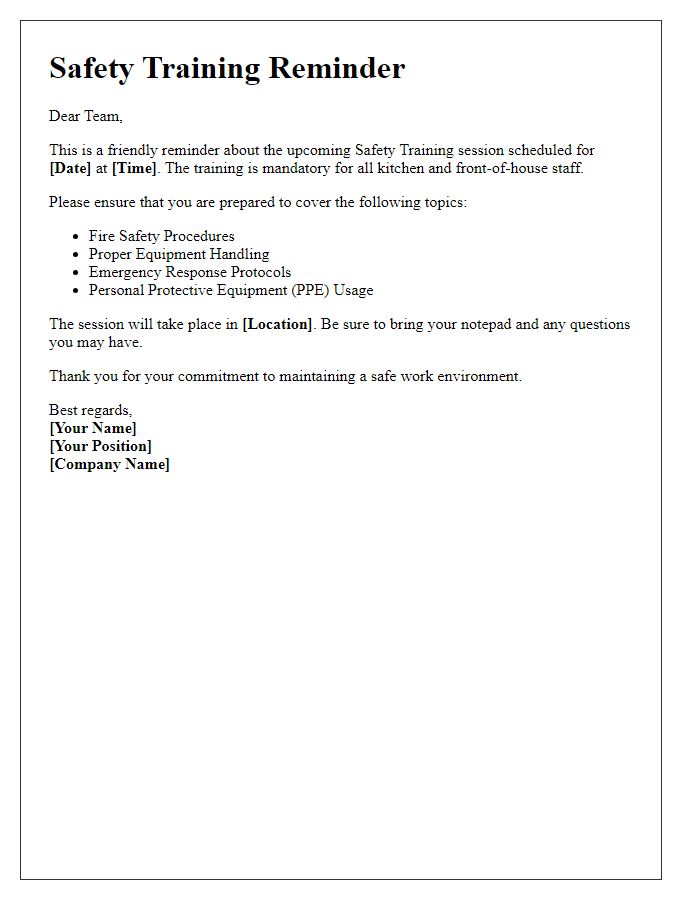 Letter template of Safety Training Reminder for Kitchen and Front-of-House Staff