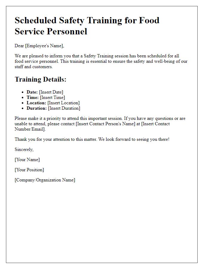 Letter template of Scheduled Safety Training for Food Service Personnel