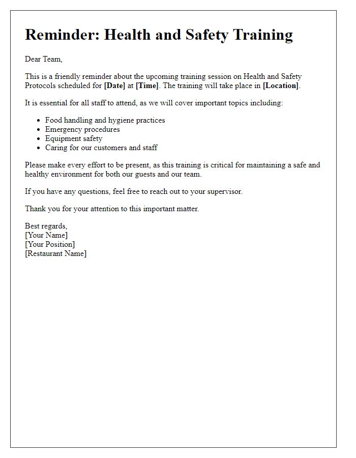 Letter template of Training Reminder for Restaurant Health and Safety Protocols