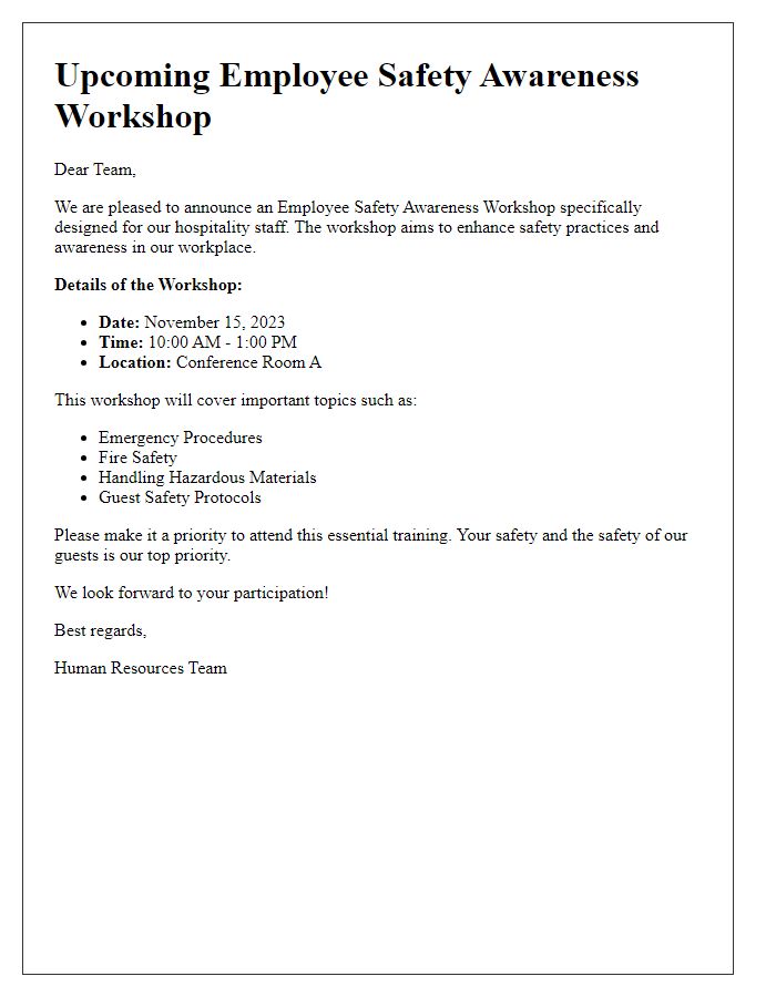 Letter template of Upcoming Employee Safety Awareness Workshop for Hospitality Staff