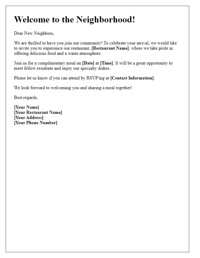 Letter template of neighborly hospitality inviting new residents to experience our restaurant.