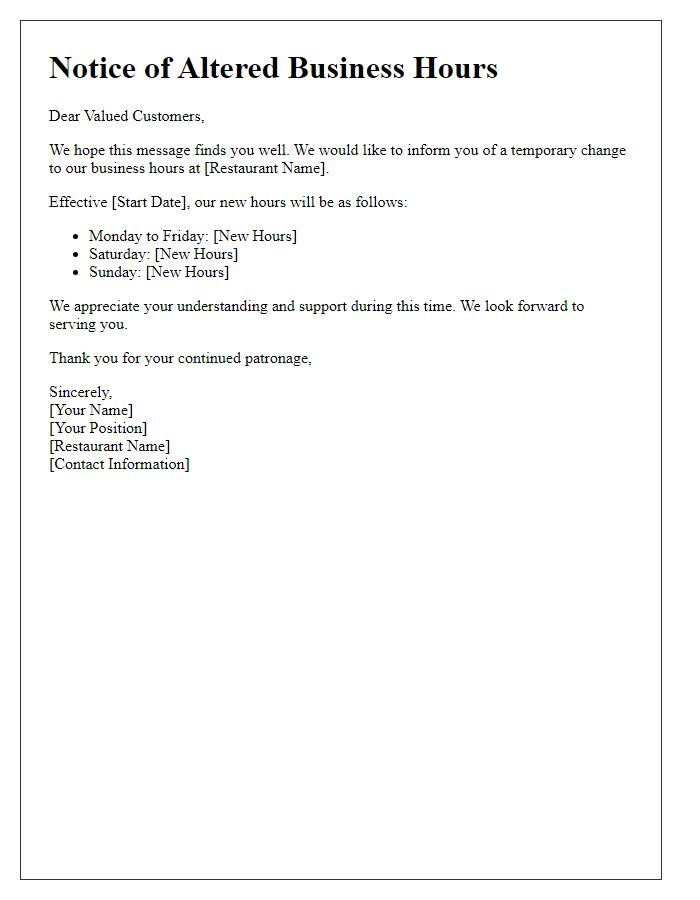 Letter template of altered restaurant business hours notification