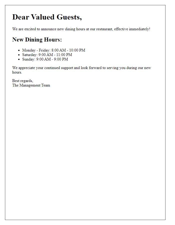 Letter template of announcement for new dining hours