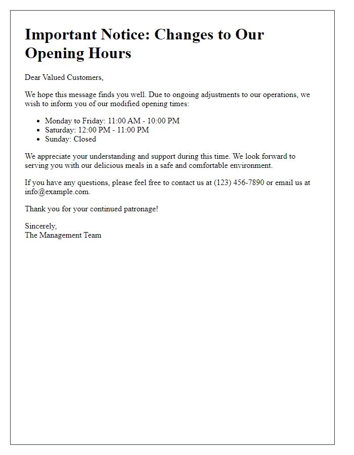 Letter template of modified restaurant opening times