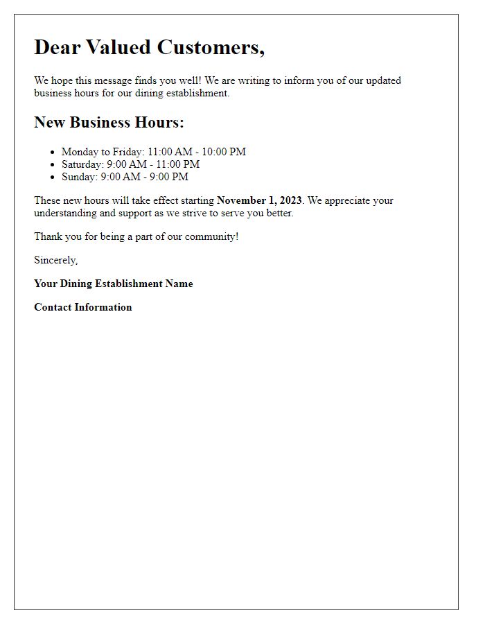 Letter template of new business hours for our dining establishment