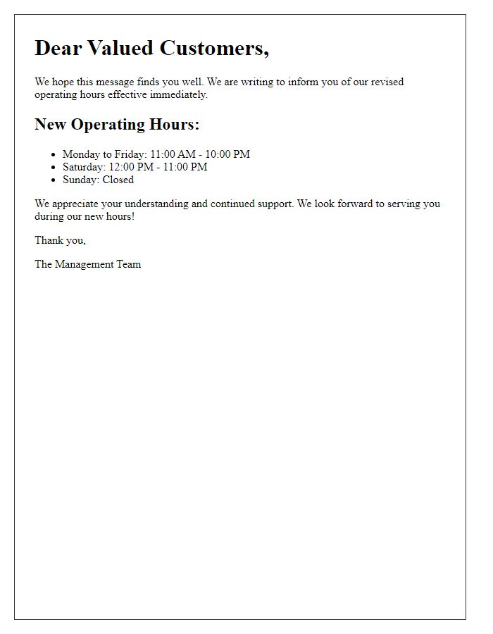 Letter template of revised operating hours for our restaurant