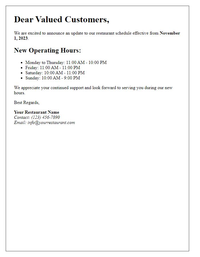 Letter template of updated restaurant schedule announcement