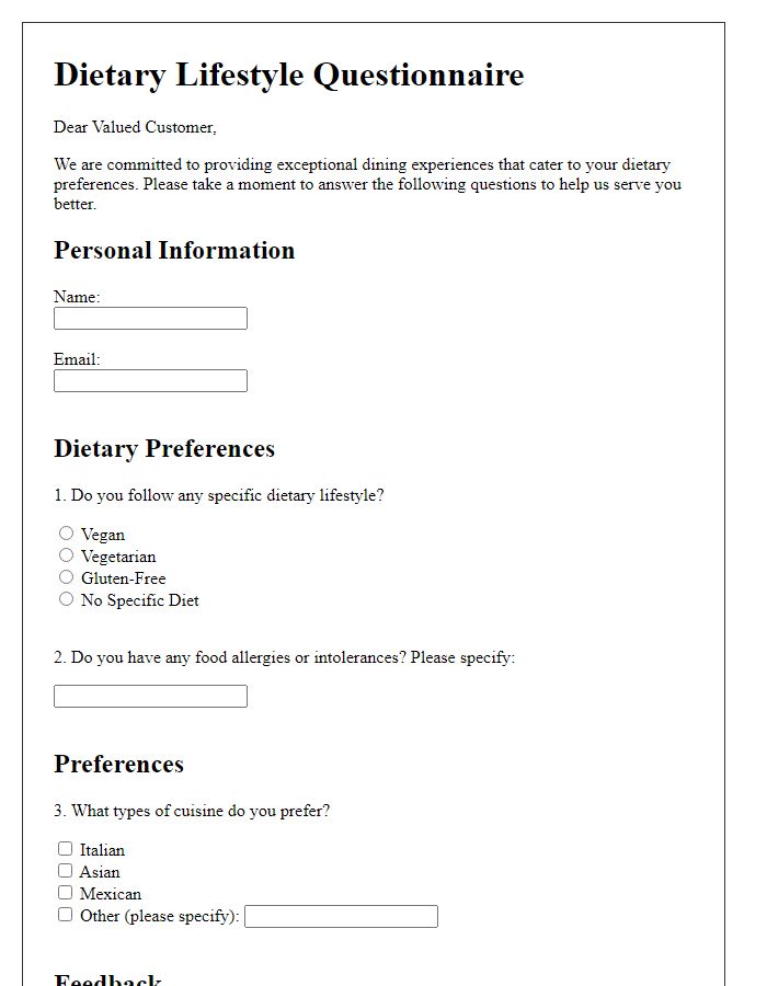 Letter template of dietary lifestyle questionnaire for restaurant-goers