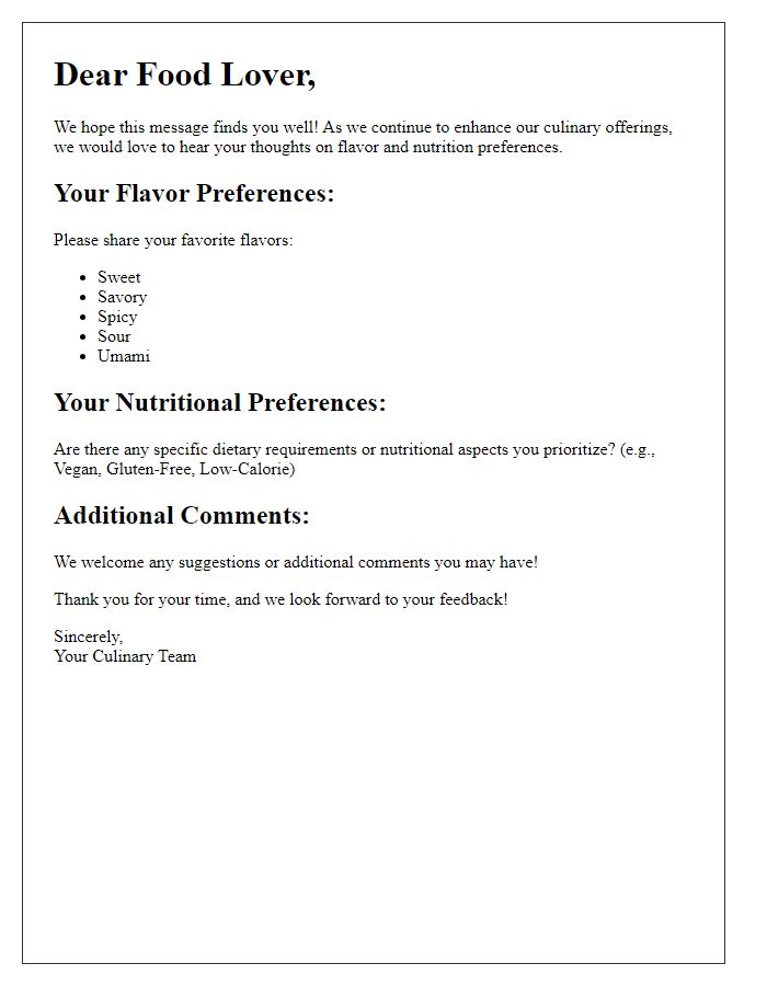 Letter template of flavor and nutrition preference inquiry for food lovers