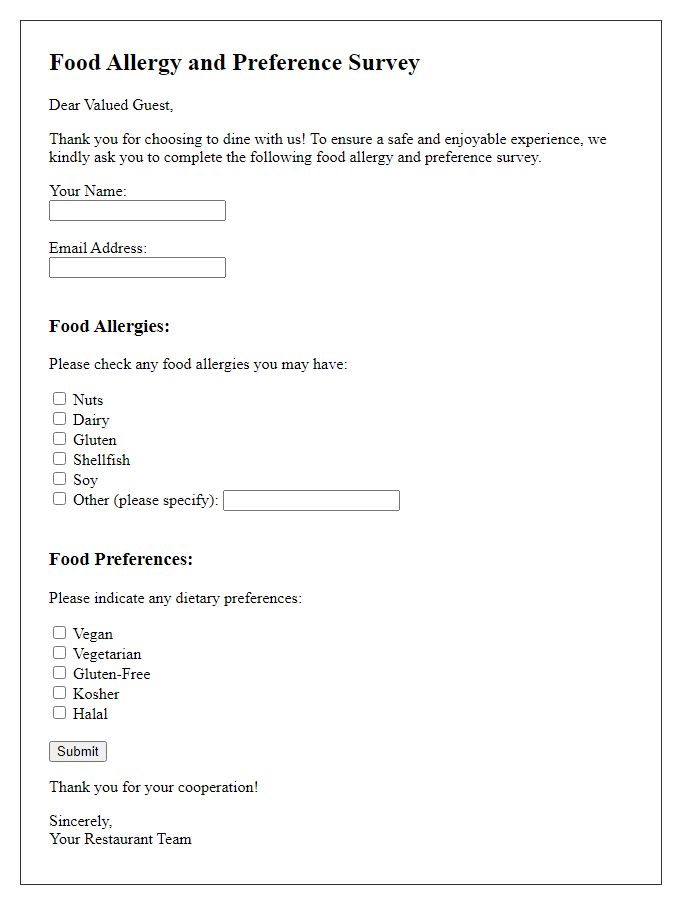 Letter template of food allergy and preference survey for restaurant visitors