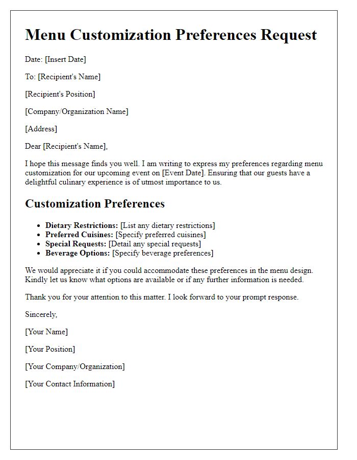 Letter template of menu customization preferences request
