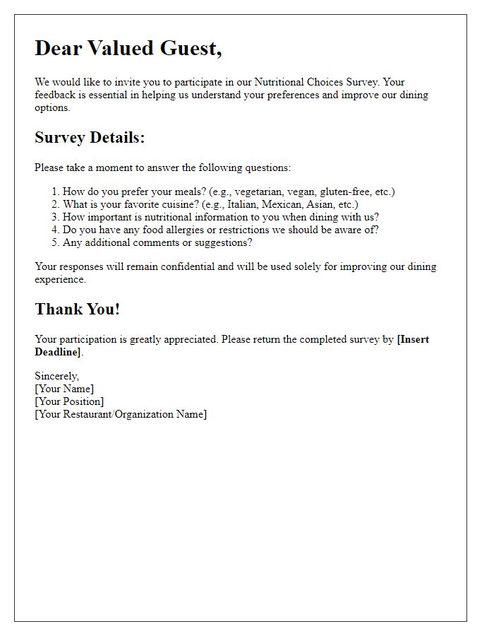 Letter template of nutritional choices survey for dining guests