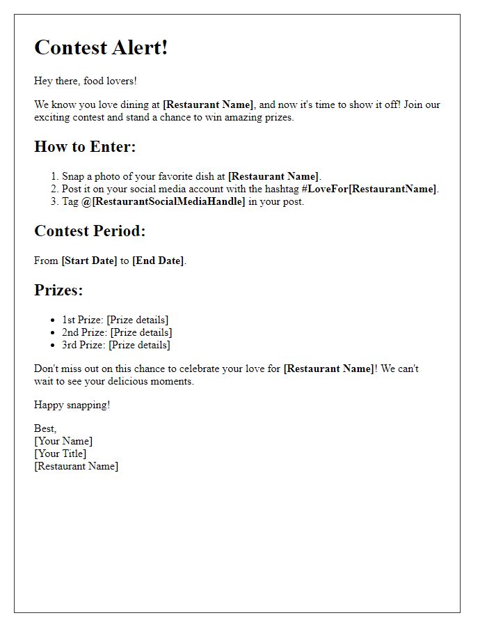 Letter template of Contest Alert: Show Off Your Love for [Restaurant Name] on Social Media