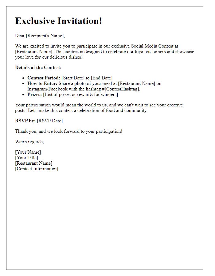 Letter template of Exclusive Invitation to Participate in Our Restaurant Social Media Contest